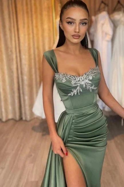 Glamorous Long Green Sleeveless Sexy Lace Satin Prom Dress with Slit by misshow.com