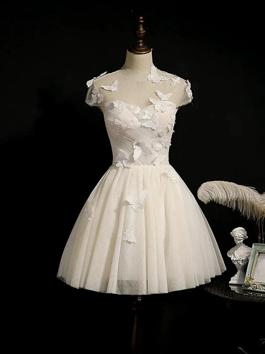 Champagne Lace Up Butterfly Appliques Tulle Homecoming Dresses by Cicinia