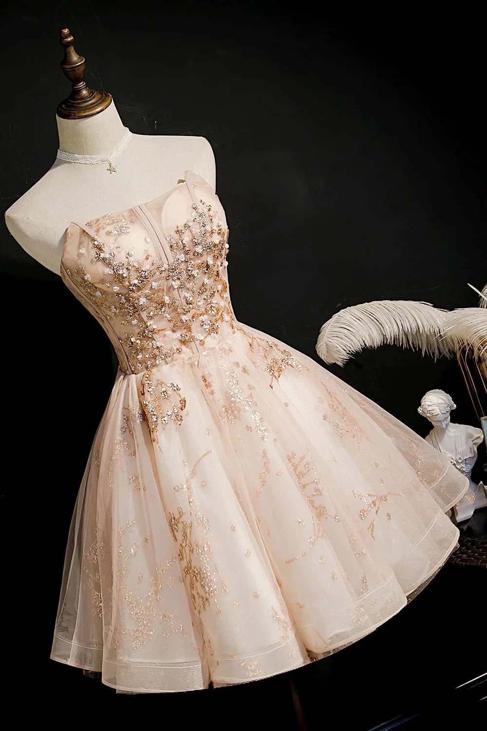 Champagne Strapless Sequins Tulle Short Homecoming Dresses by Cicinia
