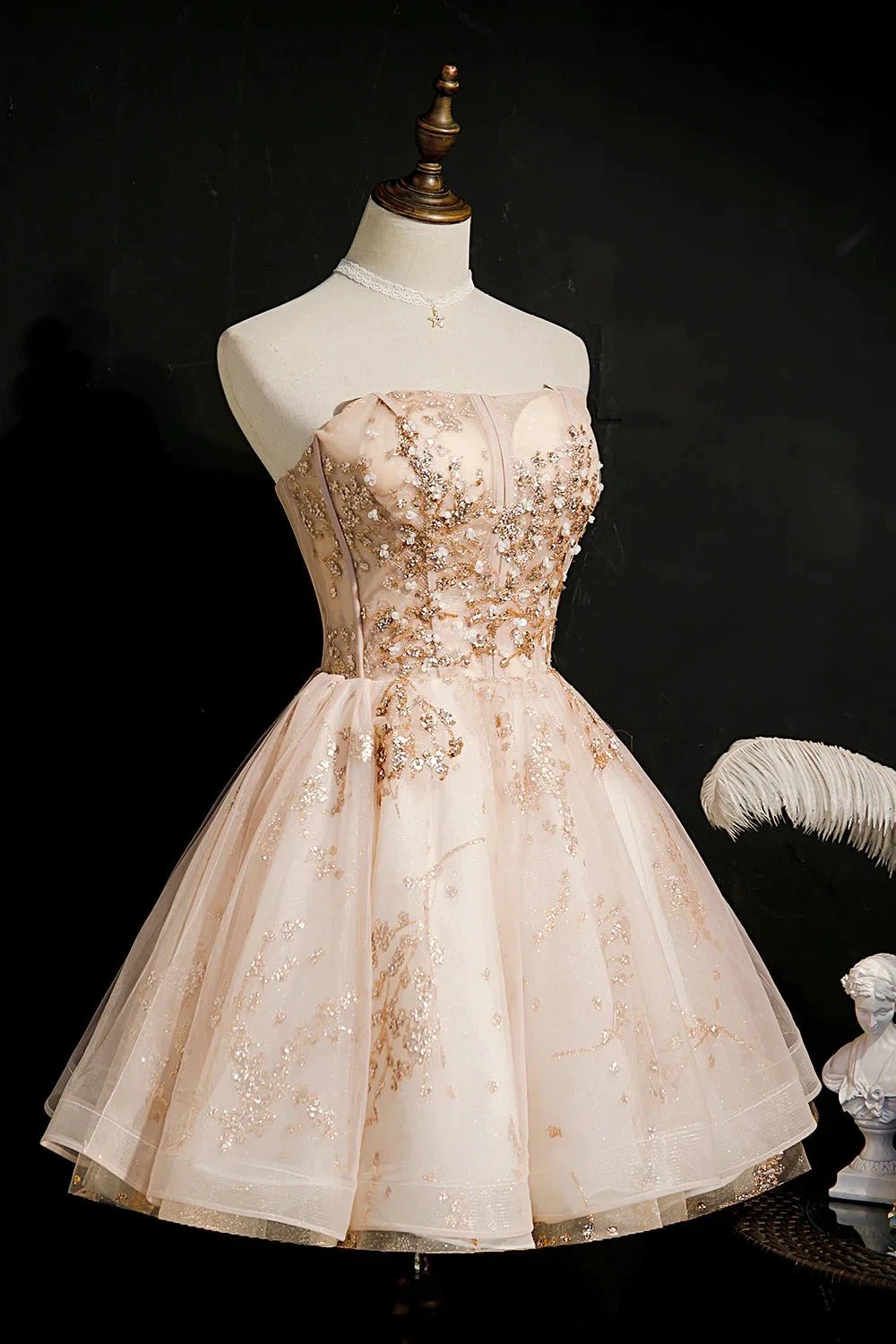 Champagne Strapless Sequins Tulle Short Homecoming Dresses by Cicinia