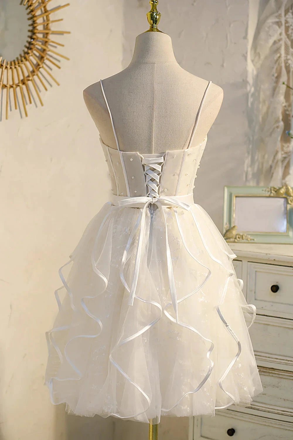Champagne Spaghetti Straps Beading Tulle Princess Homecoming Dresses by Cicinia