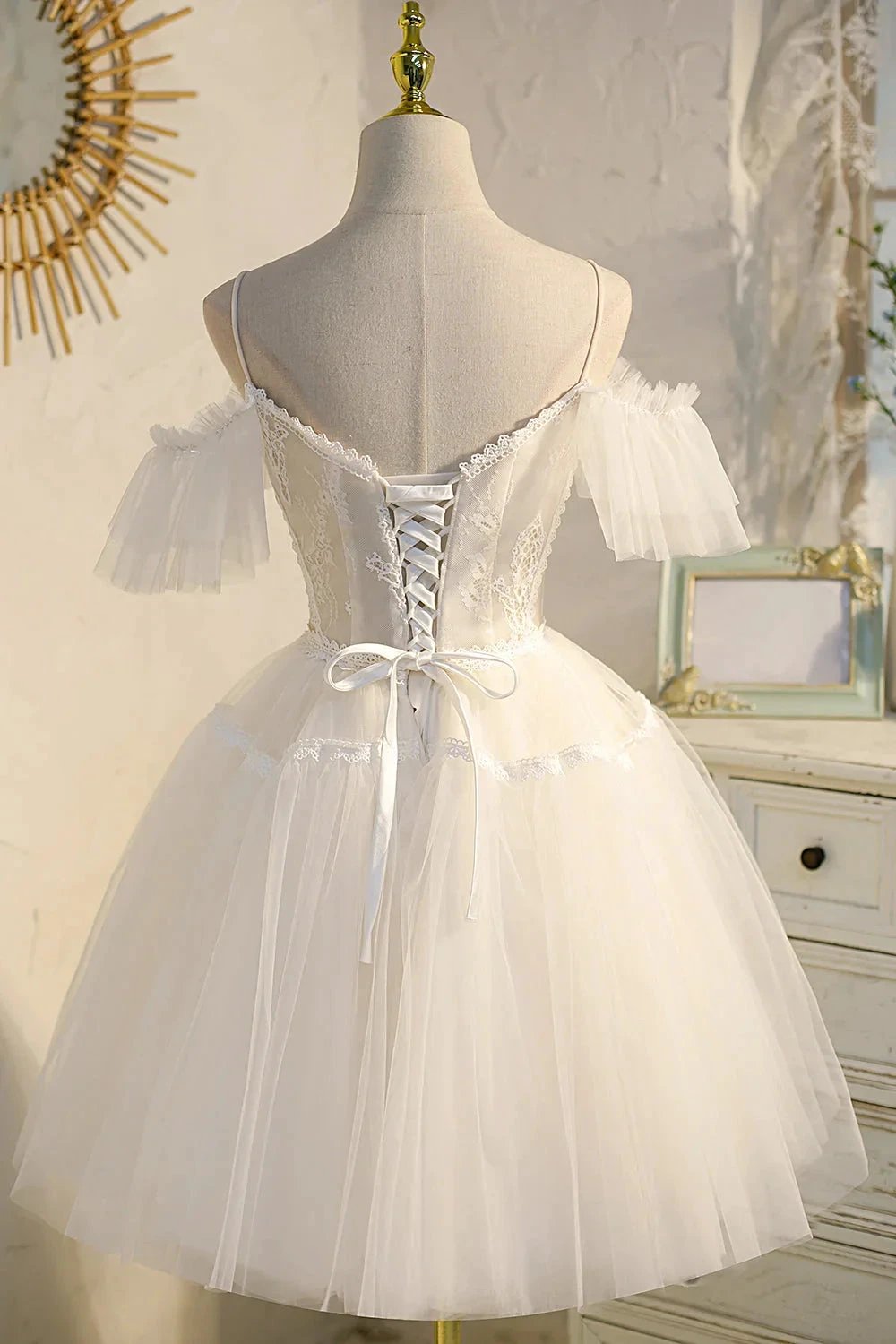Champagne V Neck Spaghetti Straps Tulle Princess Homecoming Dresses by Cicinia