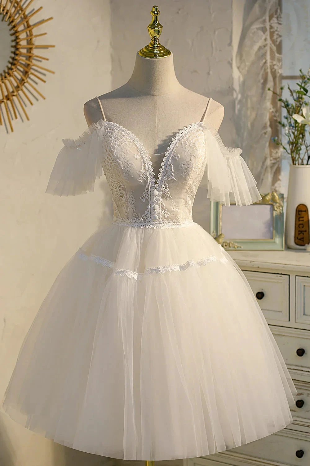 Champagne V Neck Spaghetti Straps Tulle Princess Homecoming Dresses by Cicinia