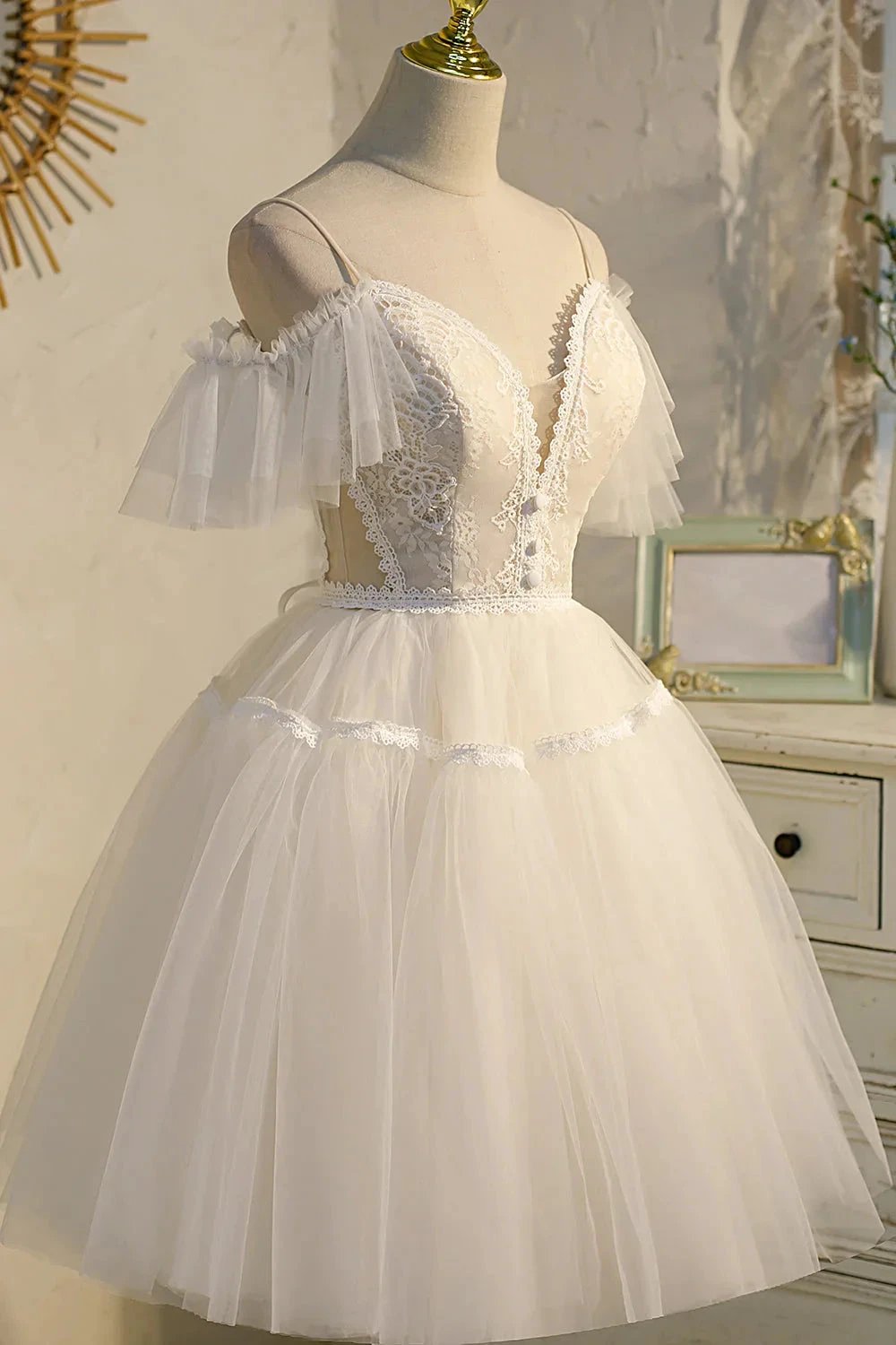 Champagne V Neck Spaghetti Straps Tulle Princess Homecoming Dresses by Cicinia