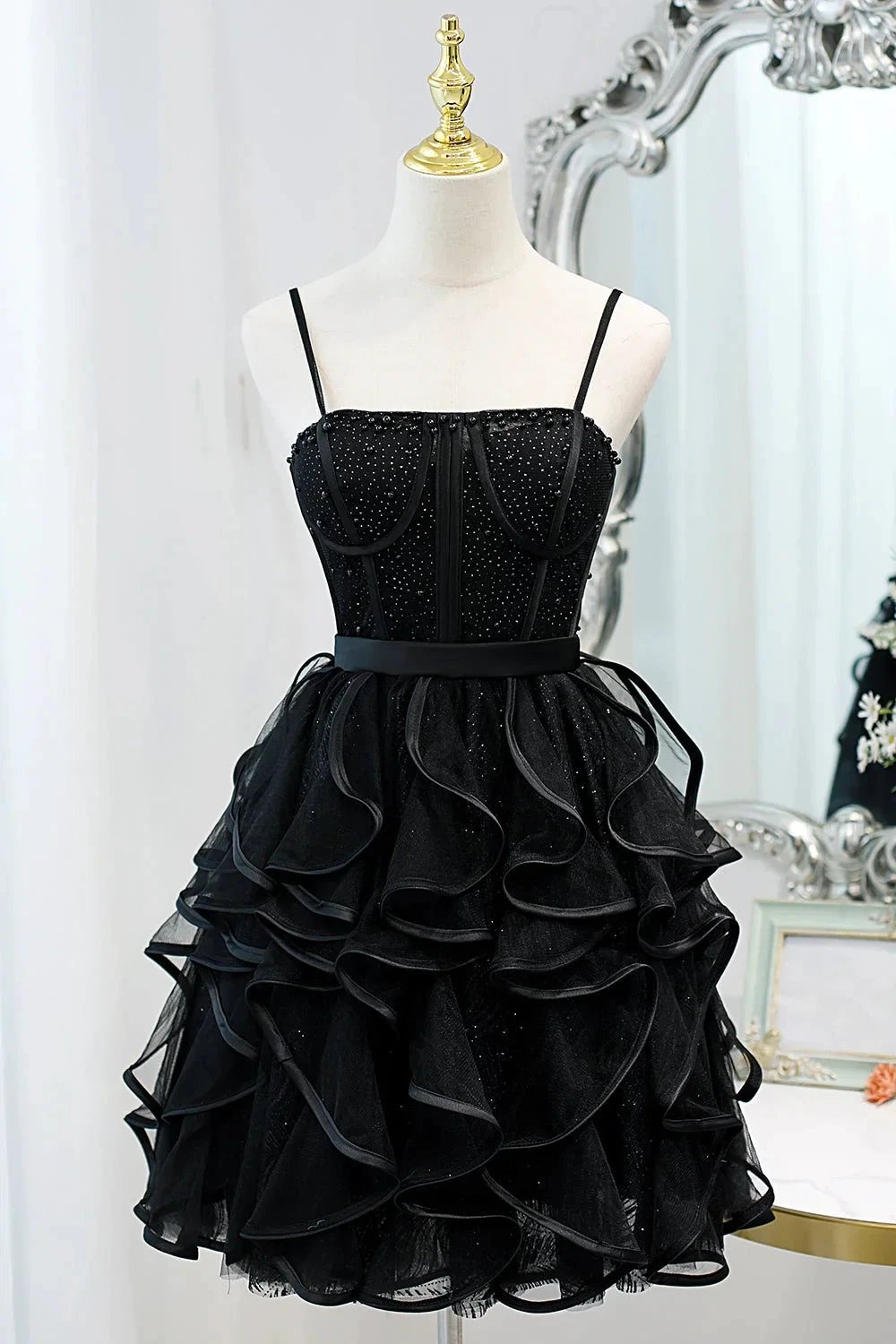 Black Sequins Spaghetti Straps Tulle Short Homecoming Dresses by Cicinia