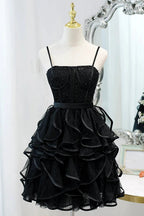 Black Sequins Spaghetti Straps Tulle Short Homecoming Dresses by Cicinia