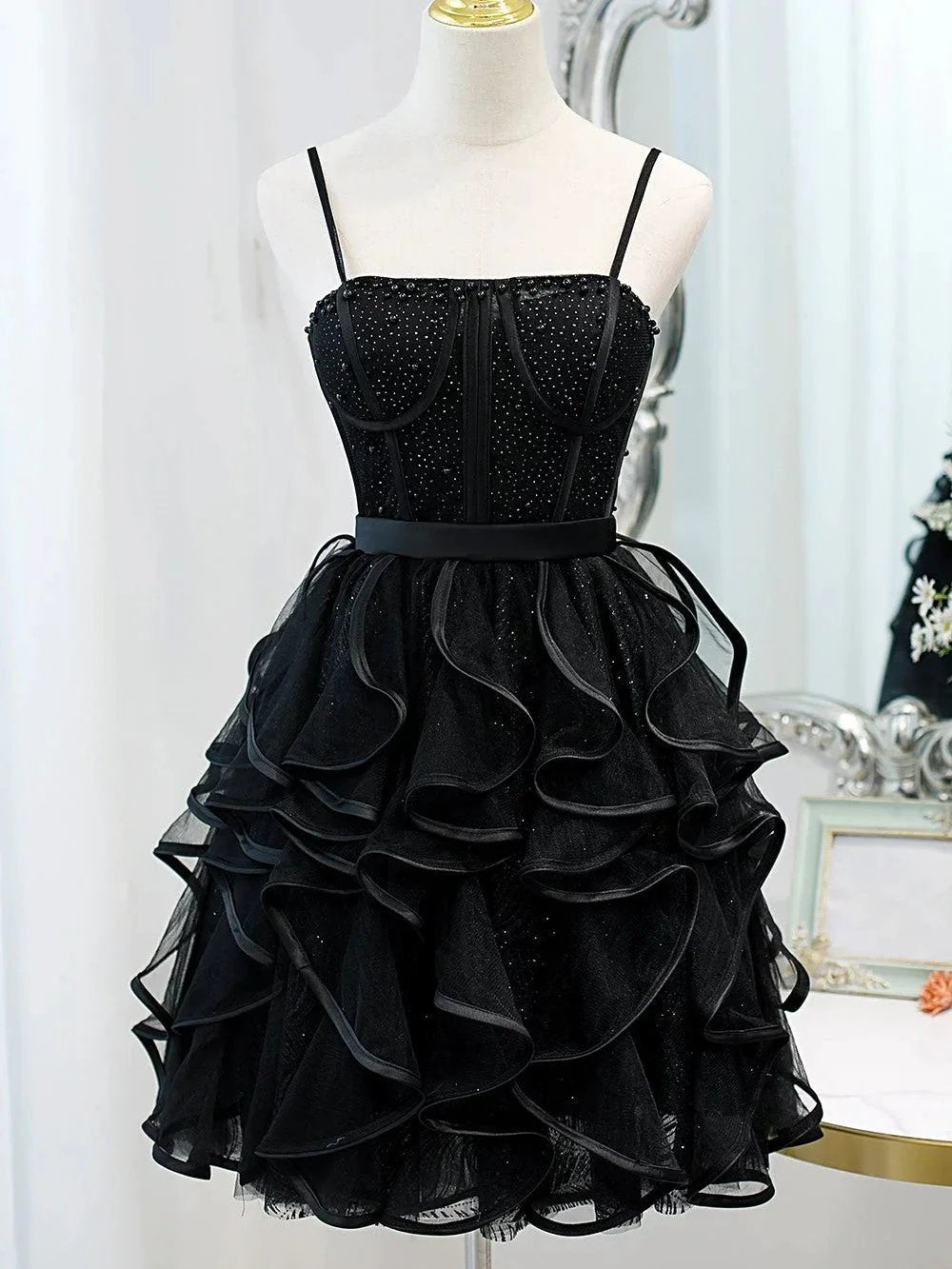 Black Sequins Spaghetti Straps Tulle Short Homecoming Dresses by Cicinia