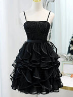 Black Sequins Spaghetti Straps Tulle Short Homecoming Dresses by Cicinia