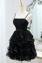 Black Sequins Spaghetti Straps Tulle Short Homecoming Dresses by Cicinia