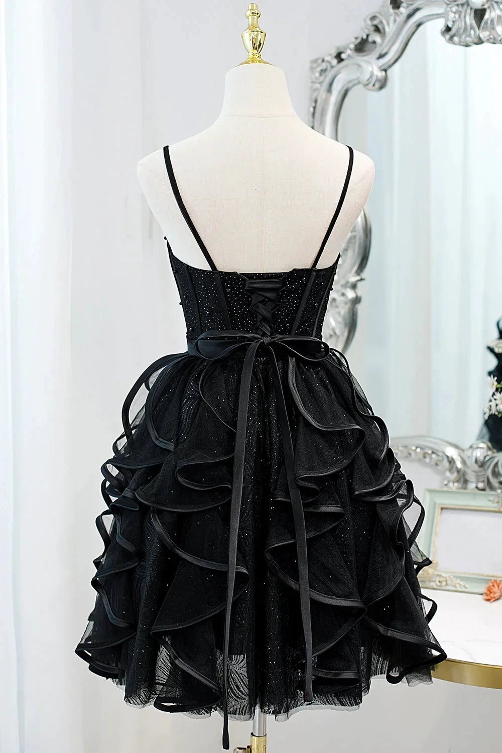 Black Sequins Spaghetti Straps Tulle Short Homecoming Dresses by Cicinia
