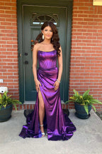 Serilda | Dark Green Strapless Sheath Satin Long Prom Dress With Split by KissProm