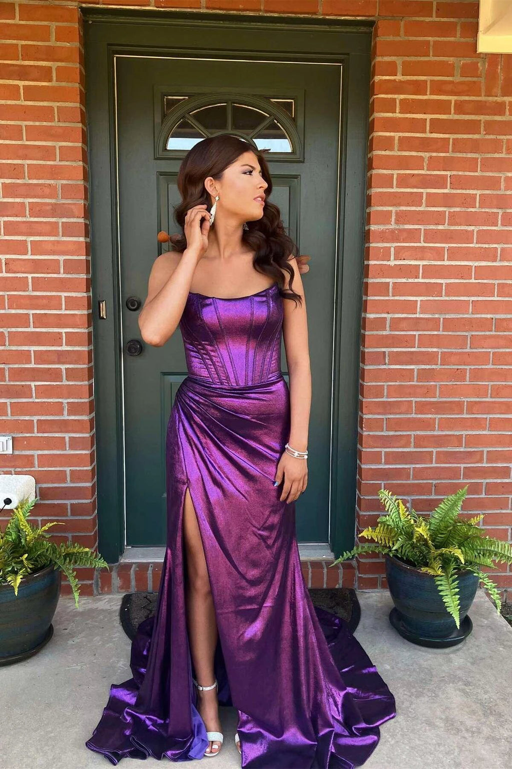 Serilda | Dark Green Strapless Sheath Satin Long Prom Dress With Split by KissProm