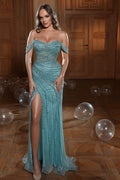 Long Mermaid Off the Shoulder Tulle Beads Sequins Prom Dresses with Slit by BIZTUNNEL