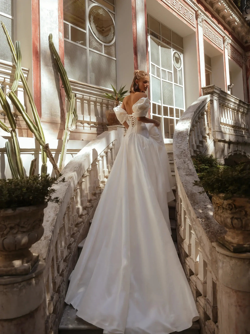 Romantic White Satin Off-the-Shoulder Puff Sleeve Ball Gown Wedding Dress SW192