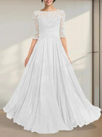 A-line Scoop Illusion Floor-Length Chiffon Lace Mother of the Bride Dress With Pleated Sequins by Dreamylily