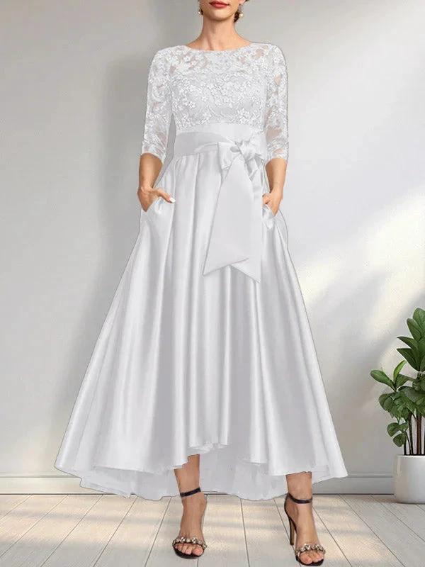 A-line Scoop Illusion Asymmetrical Satin Lace Mother of the Bride Dress With Bow by Dreamylily