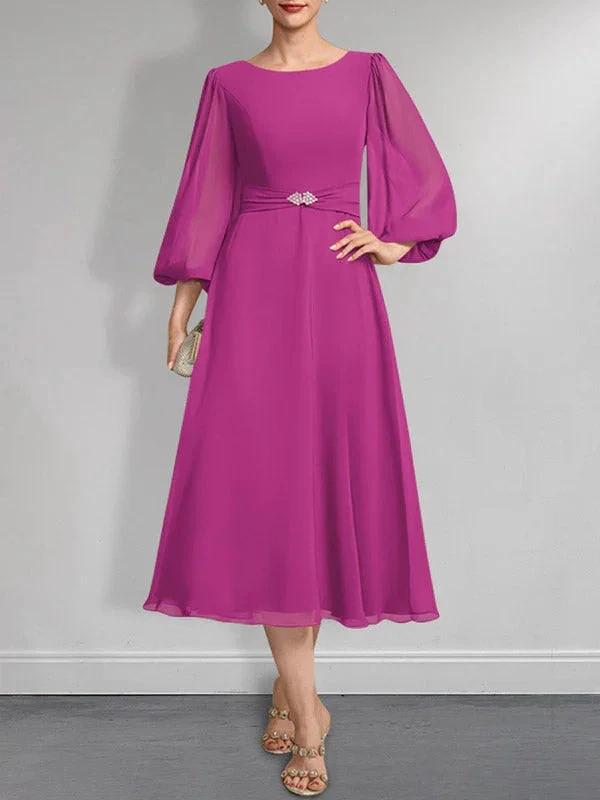 A-line Scoop Tea-Length Chiffon Mother of the Bride Dress With Crystal Brooch Pleated by Dreamylily