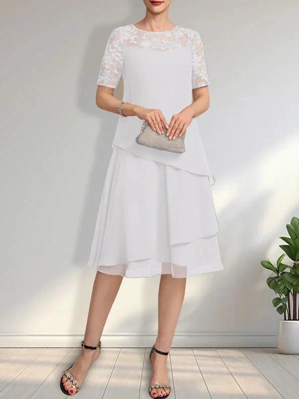 A-line Scoop Illusion Knee-Length Lace Chiffon Mother of the Bride Dress With Sequins by Dreamylily