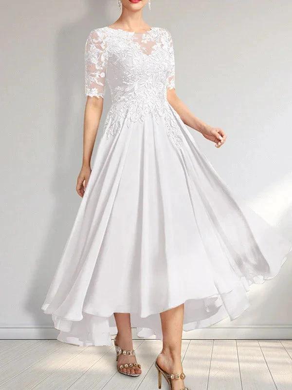 A-line Scoop Illusion Asymmetrical Chiffon Lace Mother of the Bride Dress With Sequins by Dreamylily