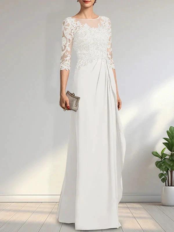 A-line Scoop Illusion Floor-Length Chiffon Lace Mother of the Bride Dress With Beading Sequins Cascading Ruffles by Dreamylily