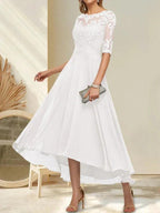 A-line Boat Neck Illusion Asymmetrical Chiffon Lace Mother of the Bride Dress With Sequins Beading by Dreamylily