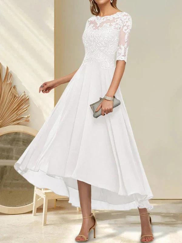 A-line Boat Neck Illusion Asymmetrical Chiffon Lace Mother of the Bride Dress With Sequins Beading by Dreamylily