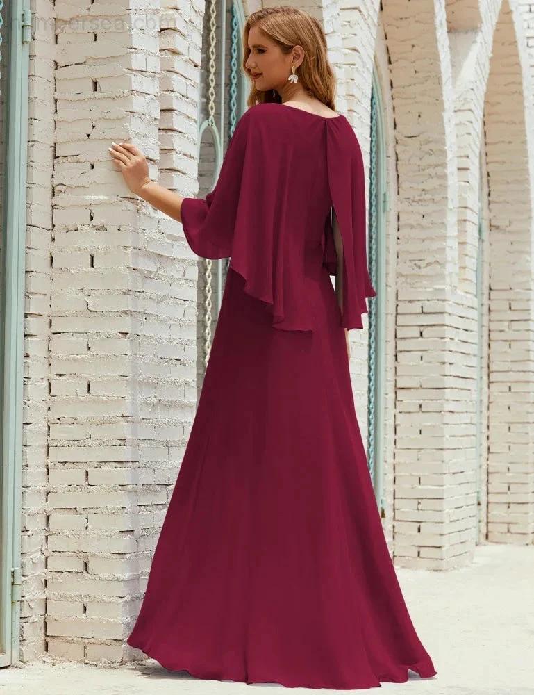 Sunnderly Bridesmaid Dress Women Long Sleeve V-Neck Chiffon Formal Wedding Party Dress SY28018 by numbersea