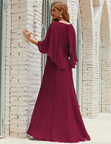 Sunnderly  Bridesmaid Dress Women Long Sleeve V-Neck Chiffon Formal Wedding Party Dress SY28018