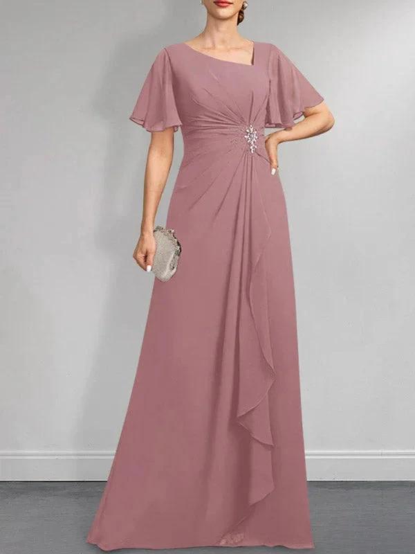 A-line Asymmetrical Floor-Length Chiffon Mother of the Bride Dress With Pleated Beading Sequins by Dreamylily