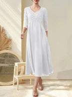 A-line V-Neck Tea-Length Chiffon Lace Mother of the Bride Dress With Beading by Dreamylily