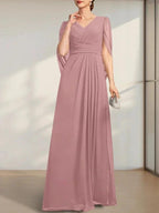 A-line V-Neck Floor-Length Chiffon Mother of the Bride Dress With Pleated by Dreamylily