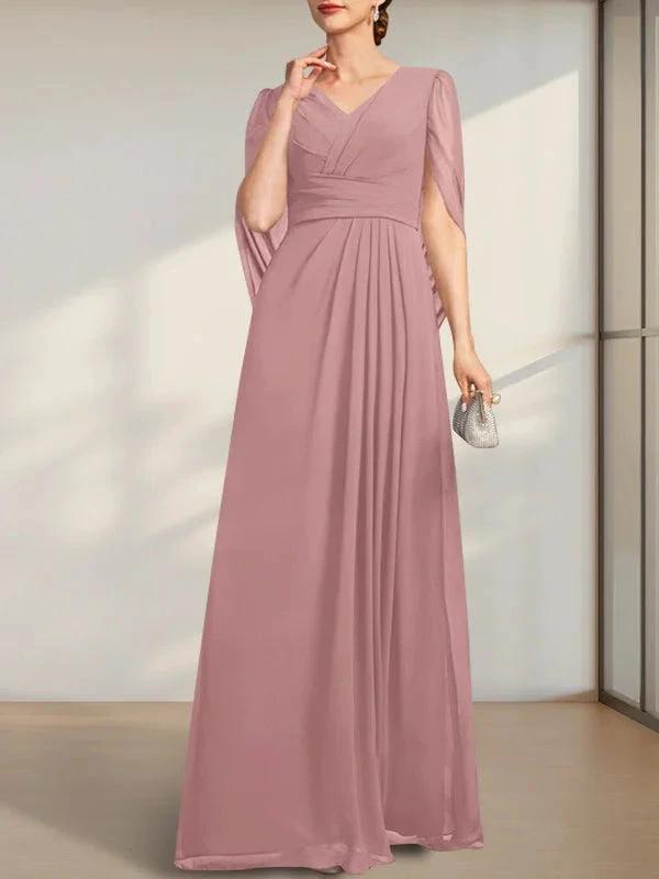 A-line V-Neck Floor-Length Chiffon Mother of the Bride Dress With Pleated by Dreamylily