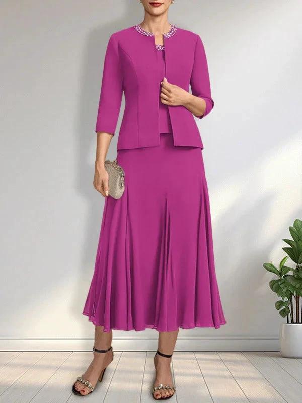 Separates A-line Scoop Tea-Length Chiffon Mother of the Bride Dress With Sequins Beading by Dreamylily