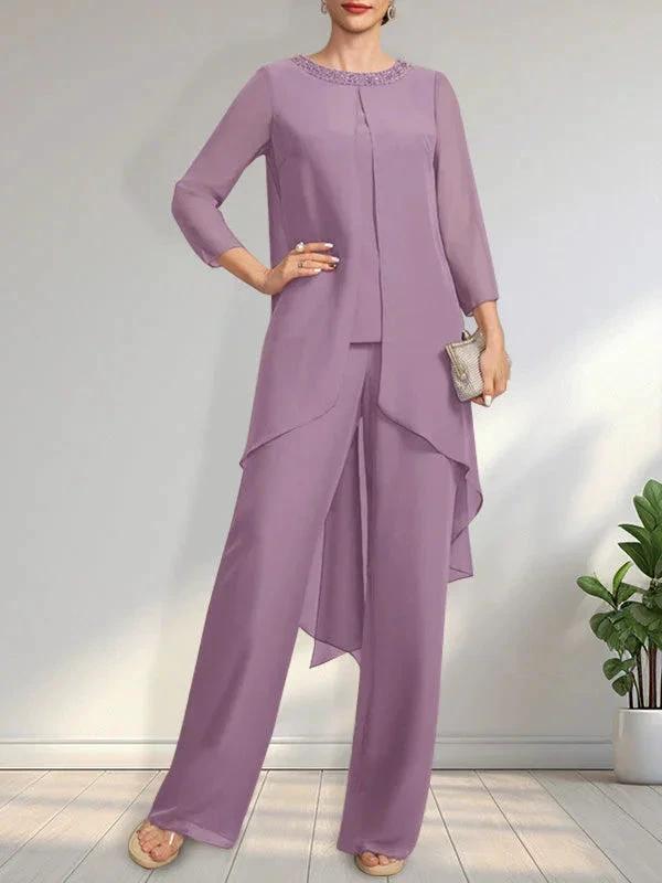 Separates Jumpsuit/Pantsuit Scoop Floor-Length Chiffon Mother of the Bride Dress With Sequins Beading by Dreamylily