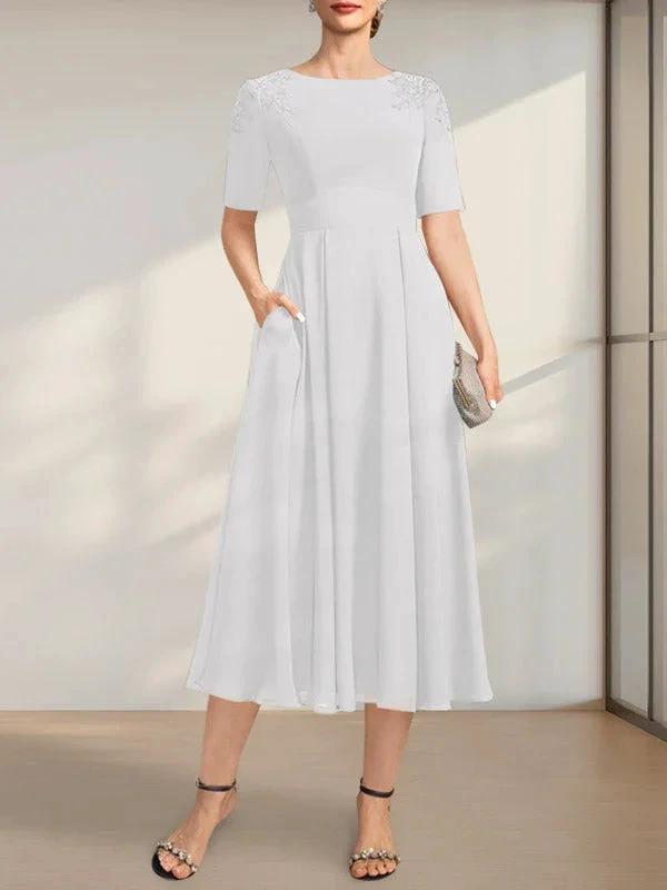 A-line Scoop Tea-Length Chiffon Mother of the Bride Dress With Appliques Lace Sequins by Dreamylily