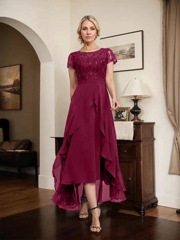 A-line Scoop Illusion Asymmetrical Chiffon Lace Mother of the Bride Dress With Bow Ruffle Sequins by Dreamylily