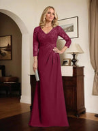 Sheath/Column V-Neck Illusion Floor-Length Lace Chiffon Mother of the Bride Dress With Pleated Sequins by Dreamylily