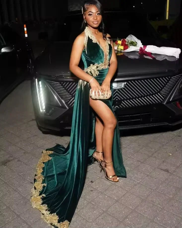 Sexy Green Velvet Prom Evening Dress Gold Applique Beaded Slit Black Girl Birthday Gown Y8122 by simplepromdress