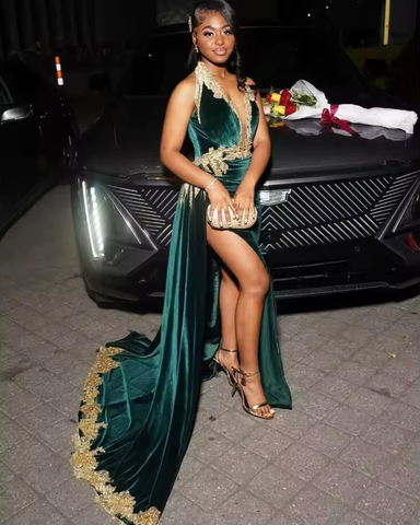 Sexy Green Velvet Prom Evening Dress Gold Applique Beaded Slit Black Girl Birthday Gown Y8122