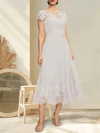A-line Illusion Scoop Tea-Length Lace Chiffon Mother of the Bride Dress With Sequins by Dreamylily