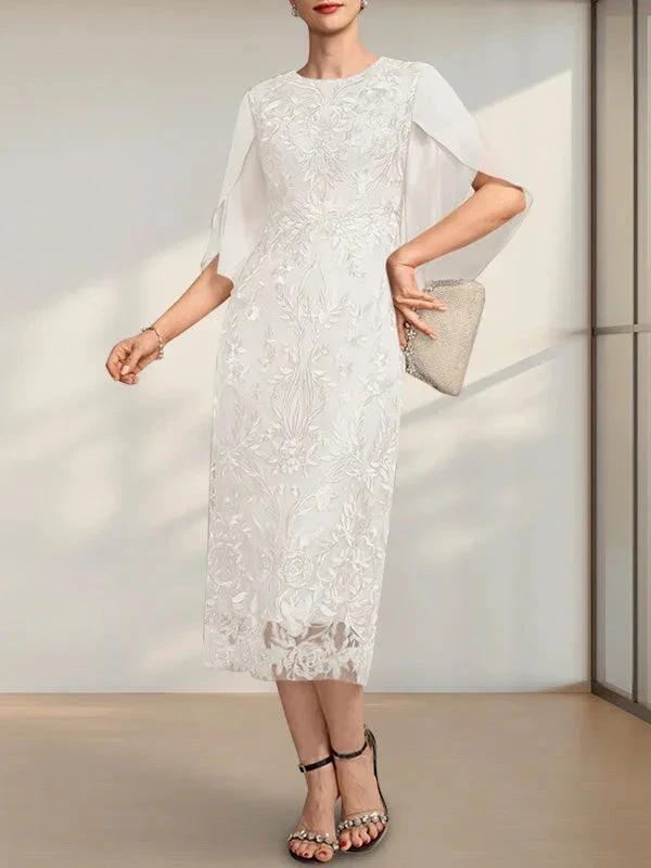 Sheath/Column Scoop Tea-Length Lace Chiffon Mother of the Bride Dress by Dreamylily