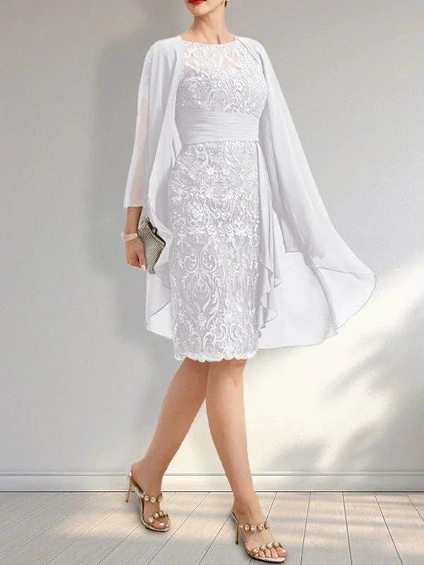 Sheath Scoop Illusion Knee-Length Lace Chiffon Mother of the Bride Dress With Cascading Ruffles Sequins by Dreamylily