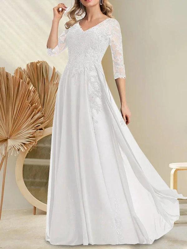 A-line V-Neck Floor-Length Lace Chiffon Mother of the Bride Dress With Sequins by Dreamylily