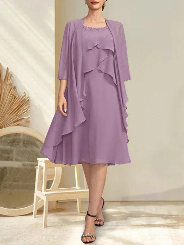 A-line Scoop Knee-Length Chiffon Mother of the Bride Dress With Beading by Dreamylily
