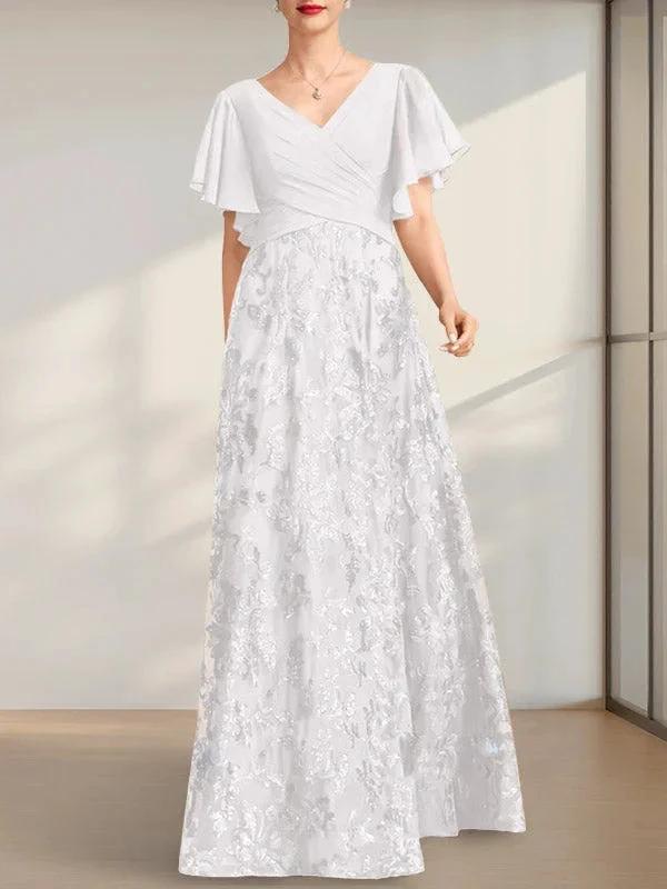 A-line V-Neck Floor-Length Lace Sequin Chiffon Mother of the Bride Dress With Pleated by Dreamylily