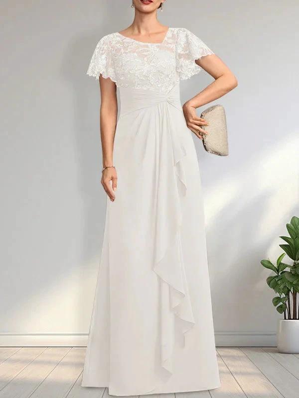 A-line Asymmetrical Illusion Floor-Length Lace Chiffon Mother of the Bride Dress With Cascading Ruffles Sequins by Dreamylily