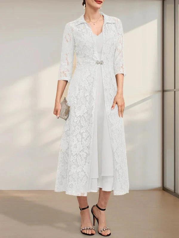 A-line V-Neck Tea-Length Chiffon Mother of the Bride Dress by Dreamylily