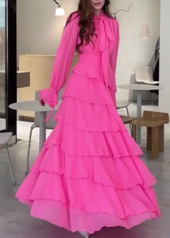 Modisches Chiffon-Langarm-Ballkleid mit Rüschen, elegantes Party-Abendkleid Y7617
