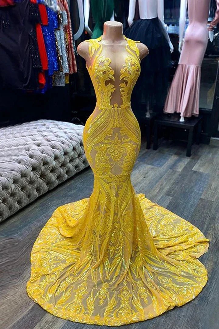 Yellow Long V-neck Sleeveless Sequins Lace Mermaid Prom Dress by BIZTUNNEL