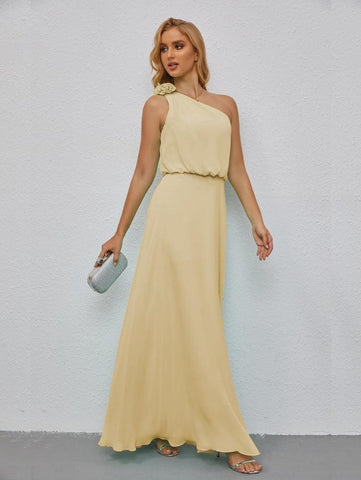 Ruffled One Shoulder Sleeveless Long Bridesmaid Dresses A-line Formal Evening Gown Side Split 28080
